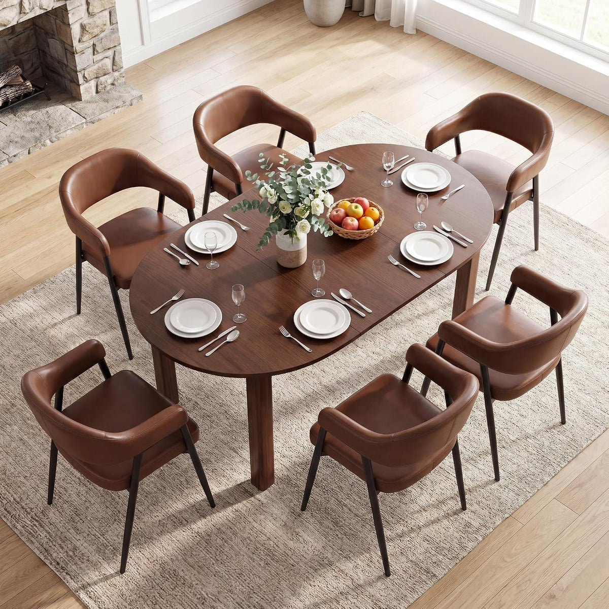 HNY Modern Dining Room Arm Chairs Set of 6, Retro Faux Leather Upholstered Barrel Dining Chairs with Arms Mid-Century Brown Accent Chair with Metal Legs, Open-Back Kitchen Side Chair for Living Room
