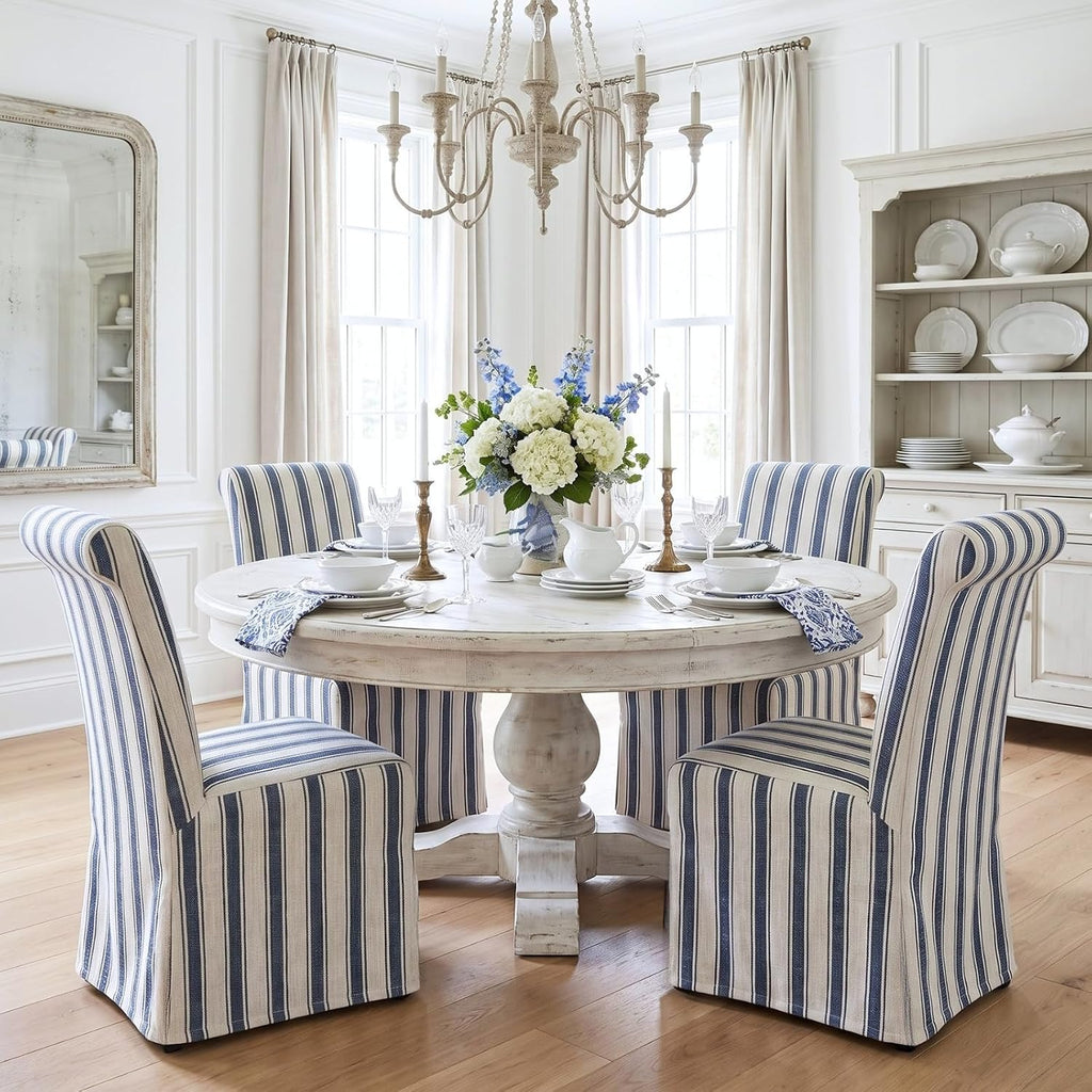 chairus Slipcovered Upholstered Parsons Dining Chairs Set of 4, Blue Stripe
