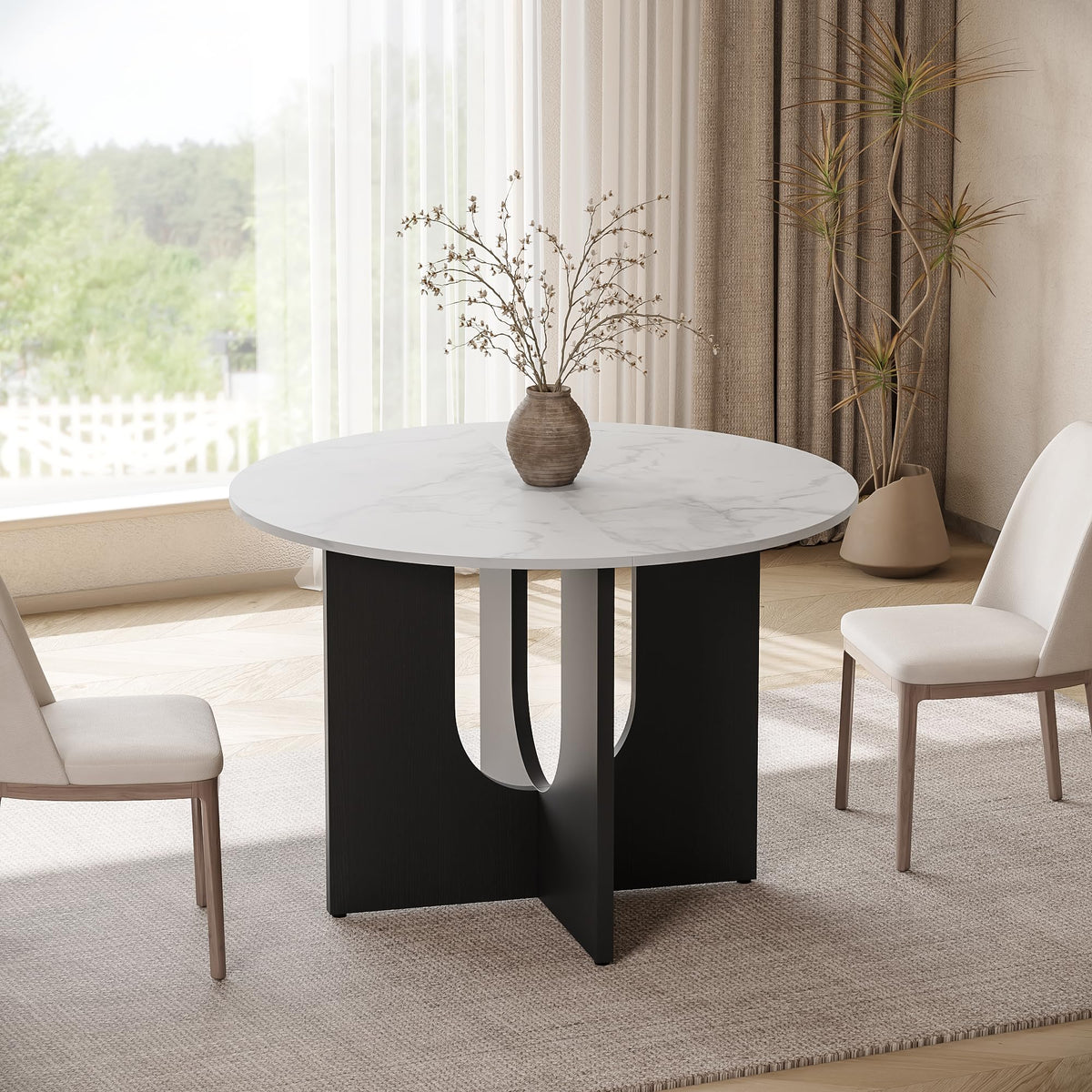 MECHYIN Round Dining Table for 4, 43" Mid Century Kitchen Table with Sculptural U-Shaped Pedestal Base, Walnut Dinner Table for Kitchen, Dining Room, Apartment