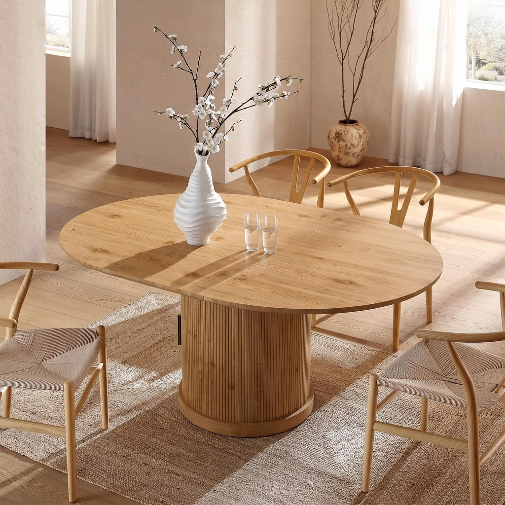 55" Fluted Round Dining Table for 4-6, Mid-Century Modern Kitchen Table with Rotating Tray, 2-Tier Storage Shelf, Wood Sliding Doors and Pedestal Base, Walnut