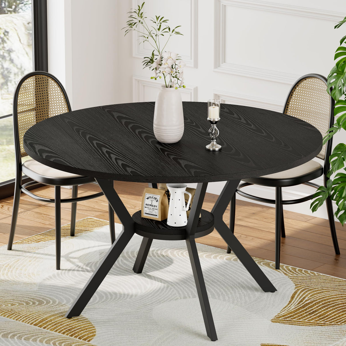 42" Round Dining Table for 4, Farmhouse Kitchen Table with Storage, Space Saving Circle Dinner Table, Rustic Wood Kitchen & Dining Room Tables with Metal Legs for Home, Apartment, Office, Restaurant