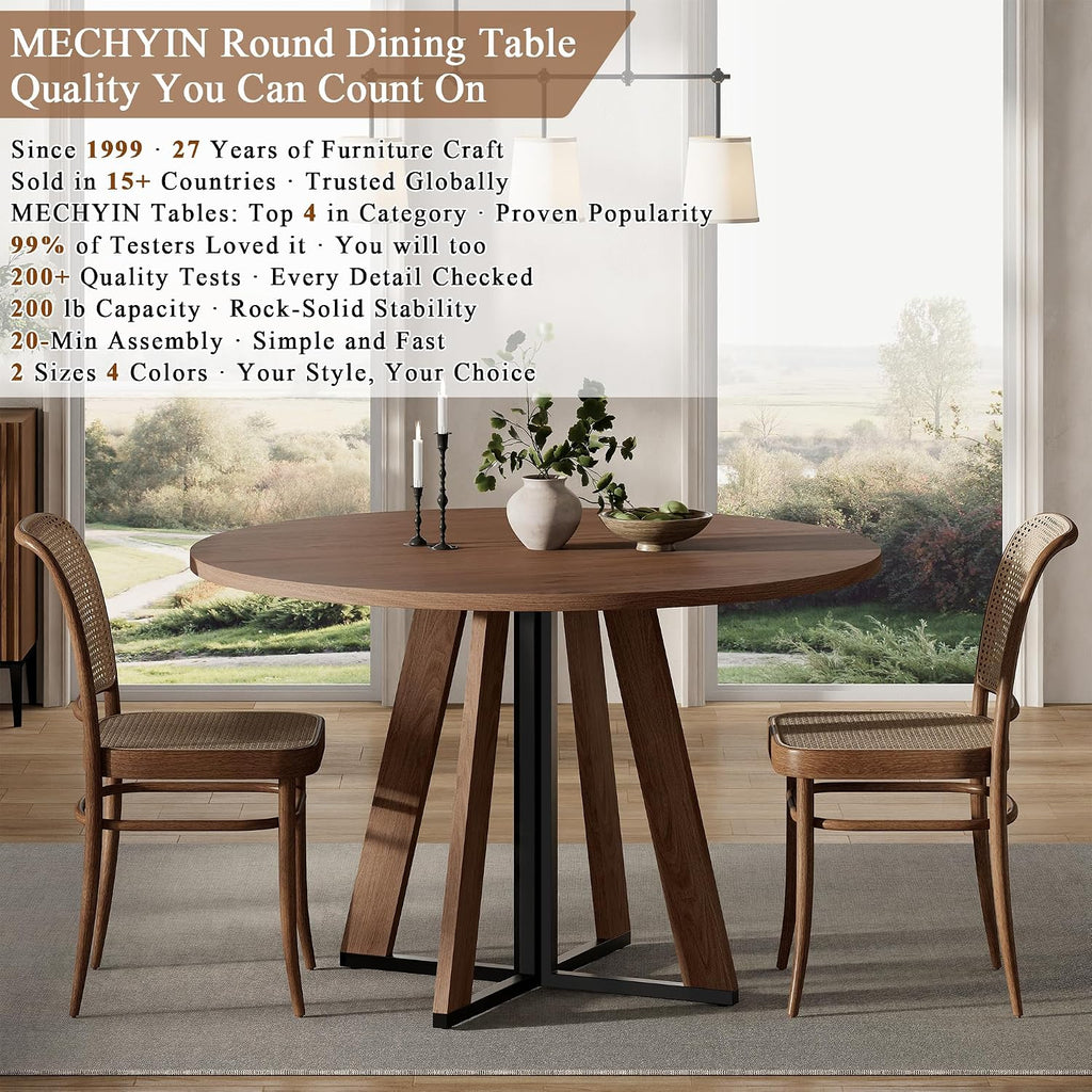 MECHYIN 42 inch Round Dining Table for 4, Farmhouse Kitchen Table, Round Dining Room Table with Metal Legs for Small Spaces & Apartment, Space-Saving Circle Wood Dinner Table, Walnut