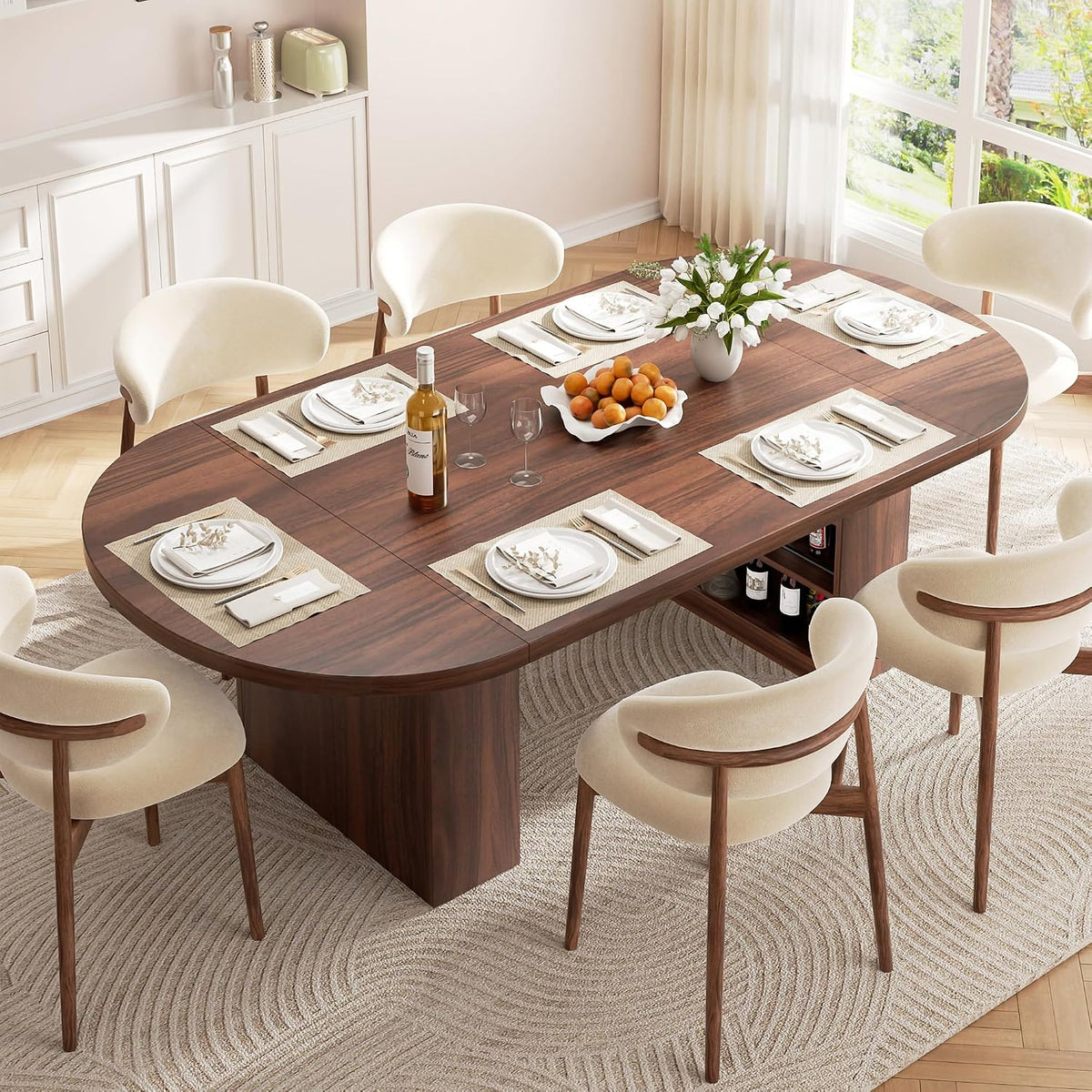 Jocoevol 70.8" Oval Dining Table for 6-8, Modern Dining Room Table with 3-Tier Storage Shelf, Wood Dinner Tables with Heavy Duty Pedestal Base for Kitchen Living Room - Walnut