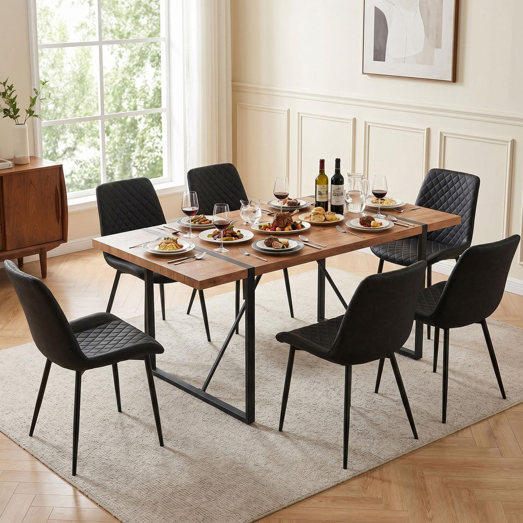 PU Leather Dining Chairs Set of 4, Modern Armless Dining Room Chairs, Comfy Upholstered Kitchen Chairs with Backrest, Black Metal Legs for Living Room, Dinning Room, Beige