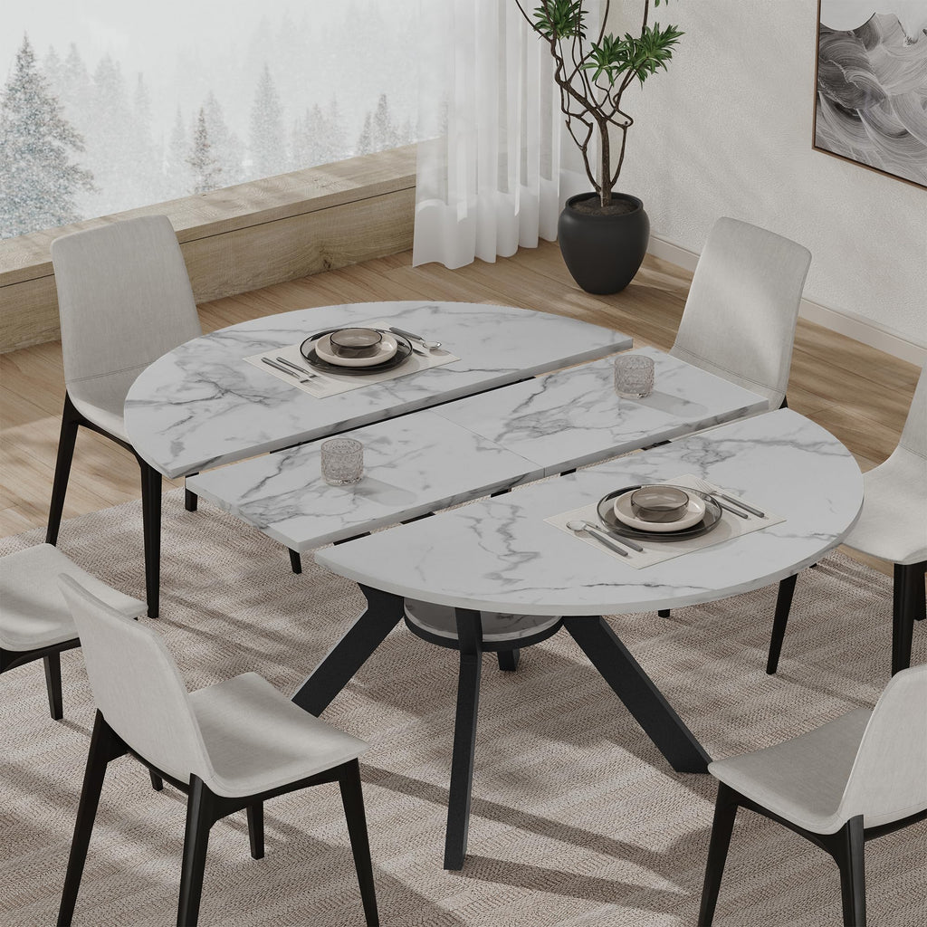 42"-58" Extendable Round Dining Table for 4-6, Kitchen Oval Table with Built-in Flip Leaf & Storage Shelf, Space Saving Modern Design with Sturdy Metal Legs for Kitchen, Living Room & Small Apartments