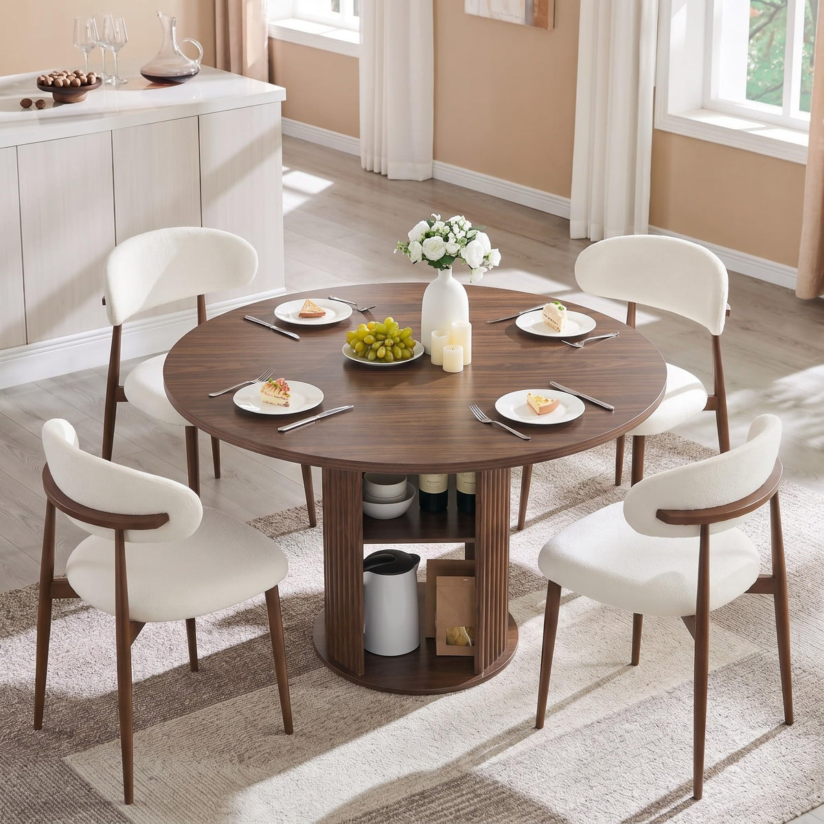 55" Fluted Round Dining Table for 4-6, Mid-Century Modern Kitchen Table with Rotating Tray, 2-Tier Storage Shelf, Wood Sliding Doors and Pedestal Base, Walnut