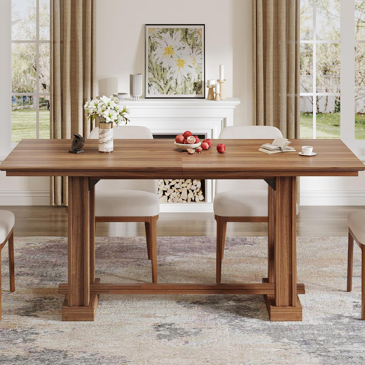 DWVO 70" Farmhouse Rectangular Dining Table for 6-8, Wooden, Dark Walnut