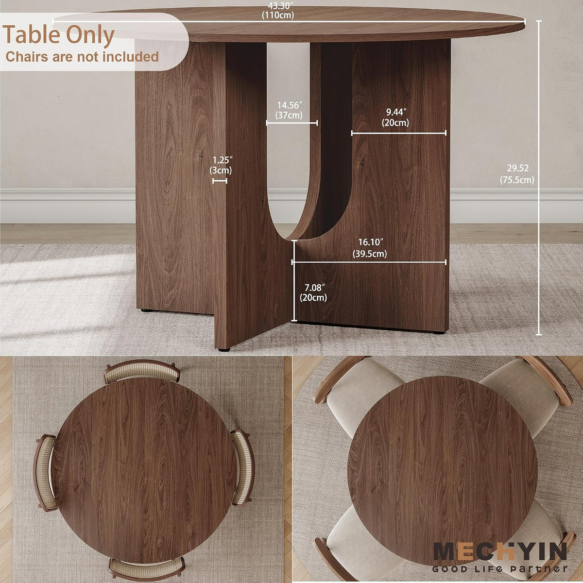 MECHYIN Round Dining Table for 4, 43" Mid Century Kitchen Table with Sculptural U-Shaped Pedestal Base, Walnut Dinner Table for Kitchen, Dining Room, Apartment