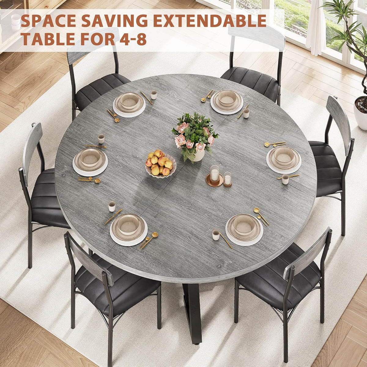 Jocoevol Extendable Round Dining Table for 4-8, Round to Oval Dining Table with Open Storage Shelf, Space Saving Expandable Kitchen Table, Modern Design for Apartments & Dining Rooms,Grey