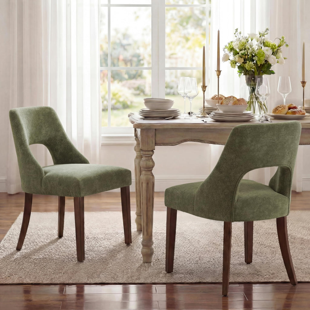 UVV Wooden Dining Chairs Set of 2, Mid Century Modern Chenille Upholstered Dining Room Chair Kitchen Chairs, Farmhouse Dinner Chair with Solid Wood Legs for Kitchen Dining Room, Green