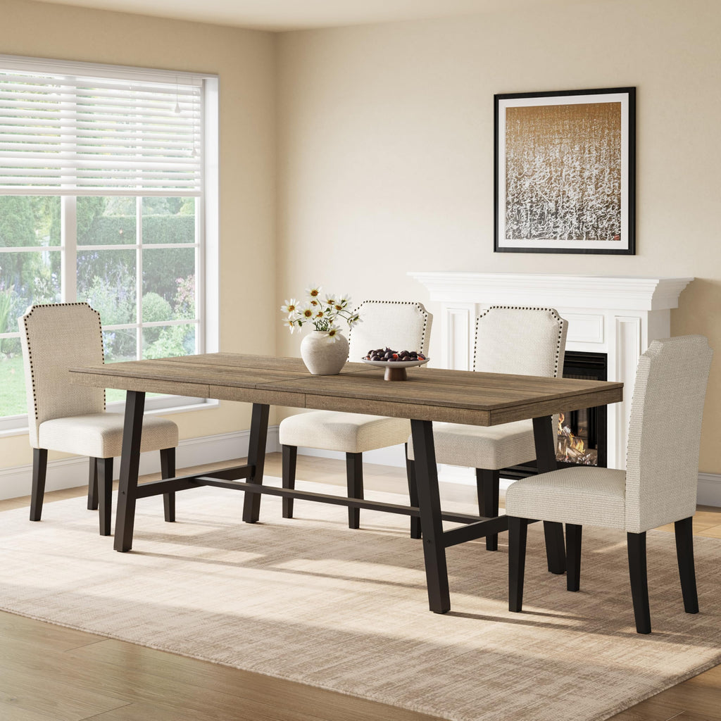 GarveeHome 63-83" Extendable Dining Table, Industrial Rectangular Dining Room Table for 6-8 People, Expandable Kitchen Table with Heavy Duty Metal Frame for Dining Room, Kitchen & Parties, Rustic Pear