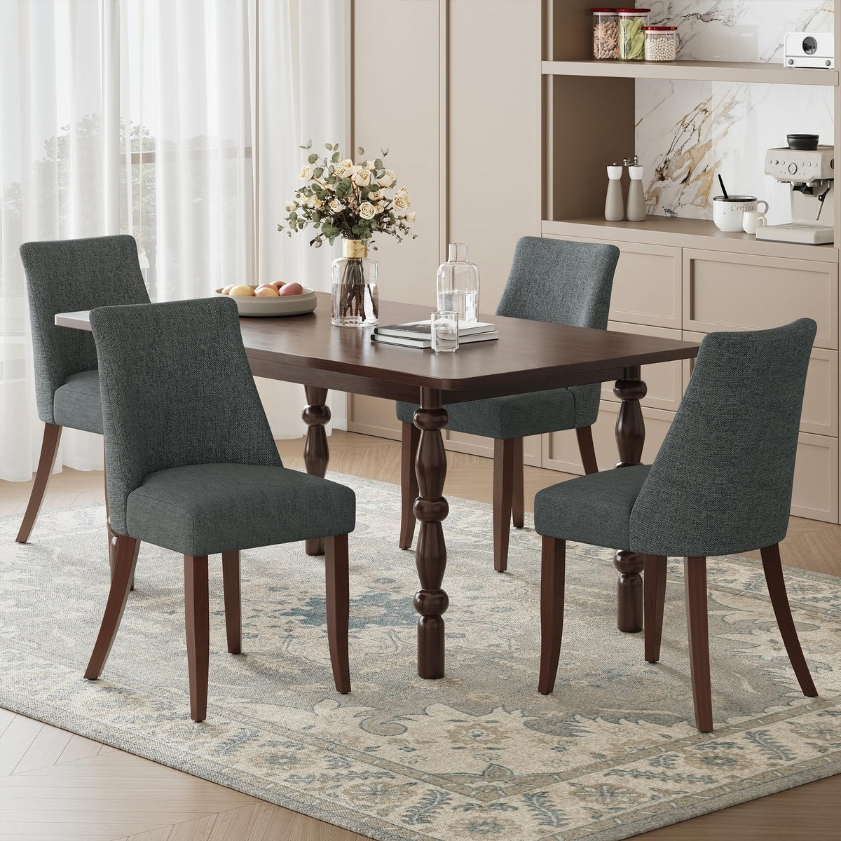 COLAMY Upholstered Dining Chairs Set of 6, Mid Century Modern Kitchen Chairs with Back, Farmhouse Fabric Side Dining Room Chairs with Wood Legs for Dining Room Restaurant, Brown