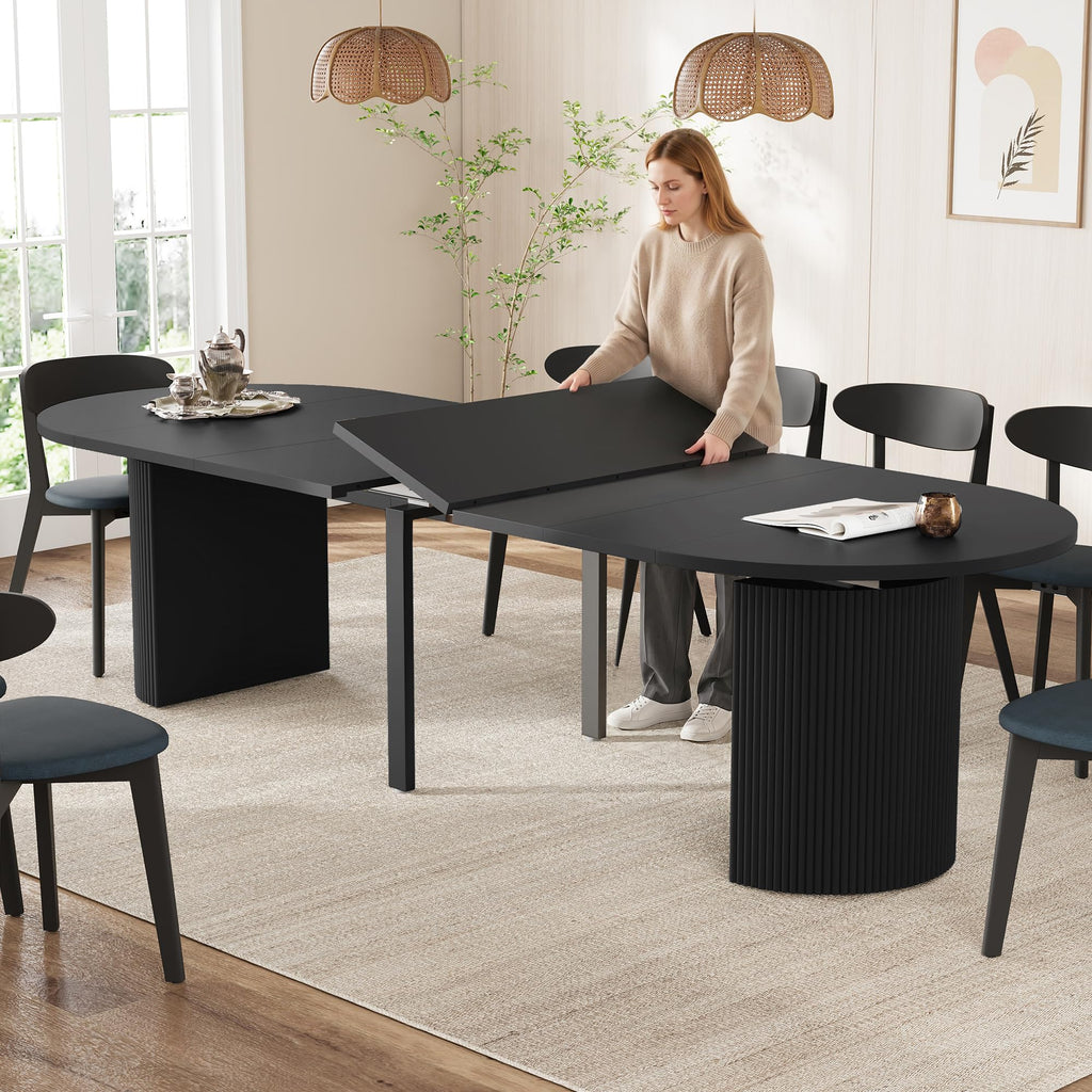 41 in-78 in Extendable Dining Room Table for 4-8, Round Expandable Kitchen Table with Fluted Base, Modern Oval Dinner Tables for Dining Room Kitchen Living Room (Black)