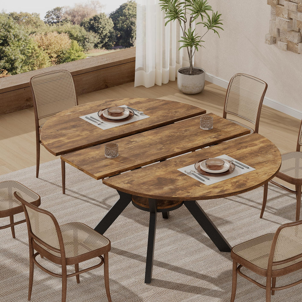 42"-58" Extendable Round Dining Table for 4-6, Kitchen Oval Table with Built-in Flip Leaf & Storage Shelf, Space Saving Modern Design with Sturdy Metal Legs for Kitchen, Living Room & Small Apartments