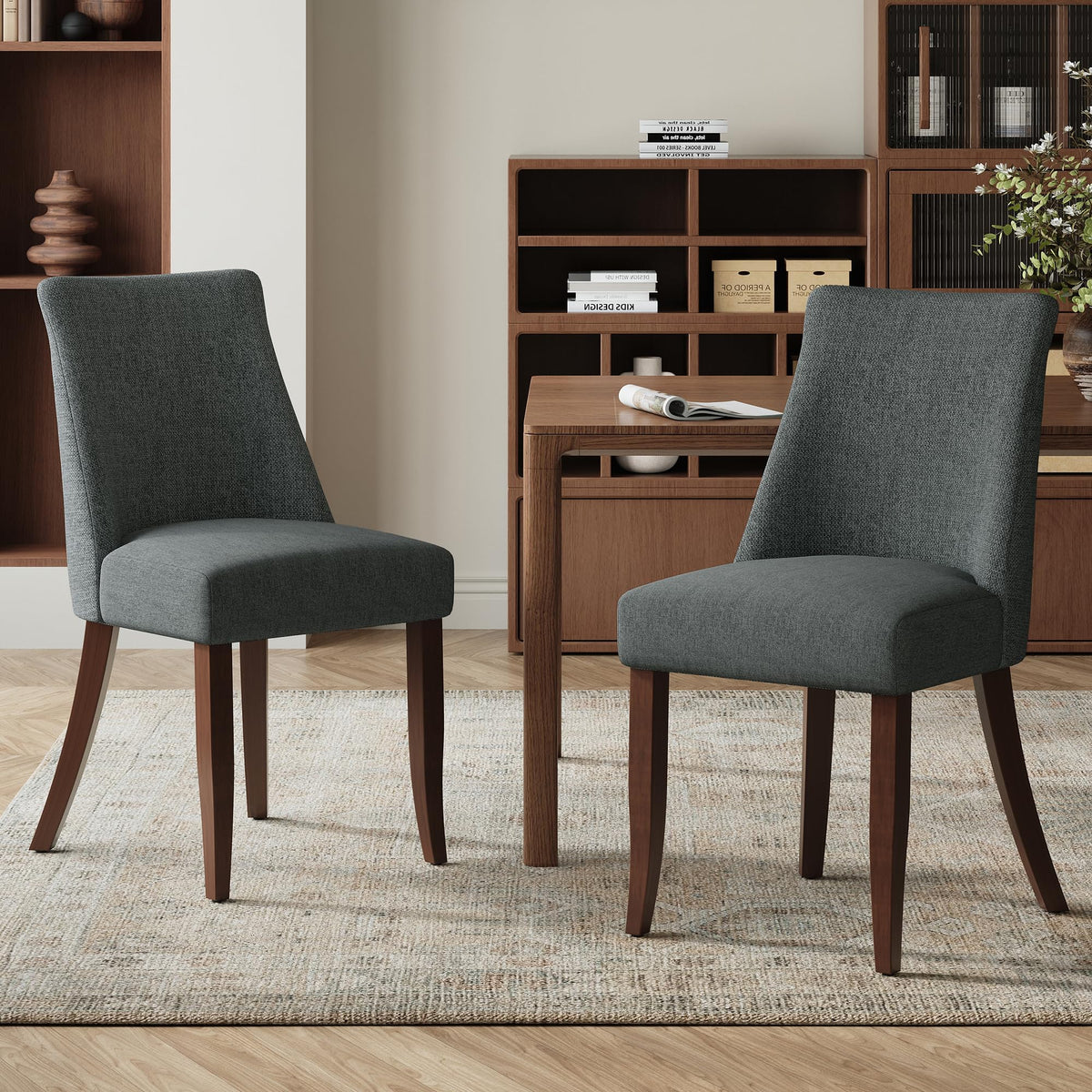 COLAMY Upholstered Dining Chairs Set of 6, Mid Century Modern Kitchen Chairs with Back, Farmhouse Fabric Side Dining Room Chairs with Wood Legs for Dining Room Restaurant, Brown