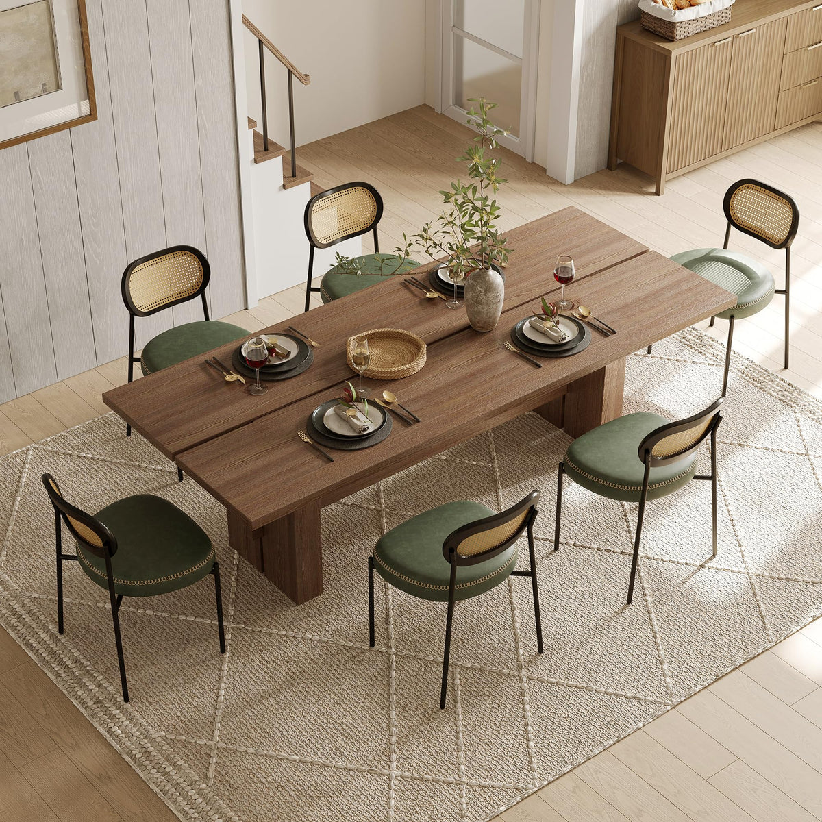 Rattan Dining Chairs Set of 2, Green Leather Upholstered Dining Chairs with Rattan Cane Back, Mid Century Modern Dining Room Chairs with Black Metal Legs & D-Shaped Thicken Cushion, Green