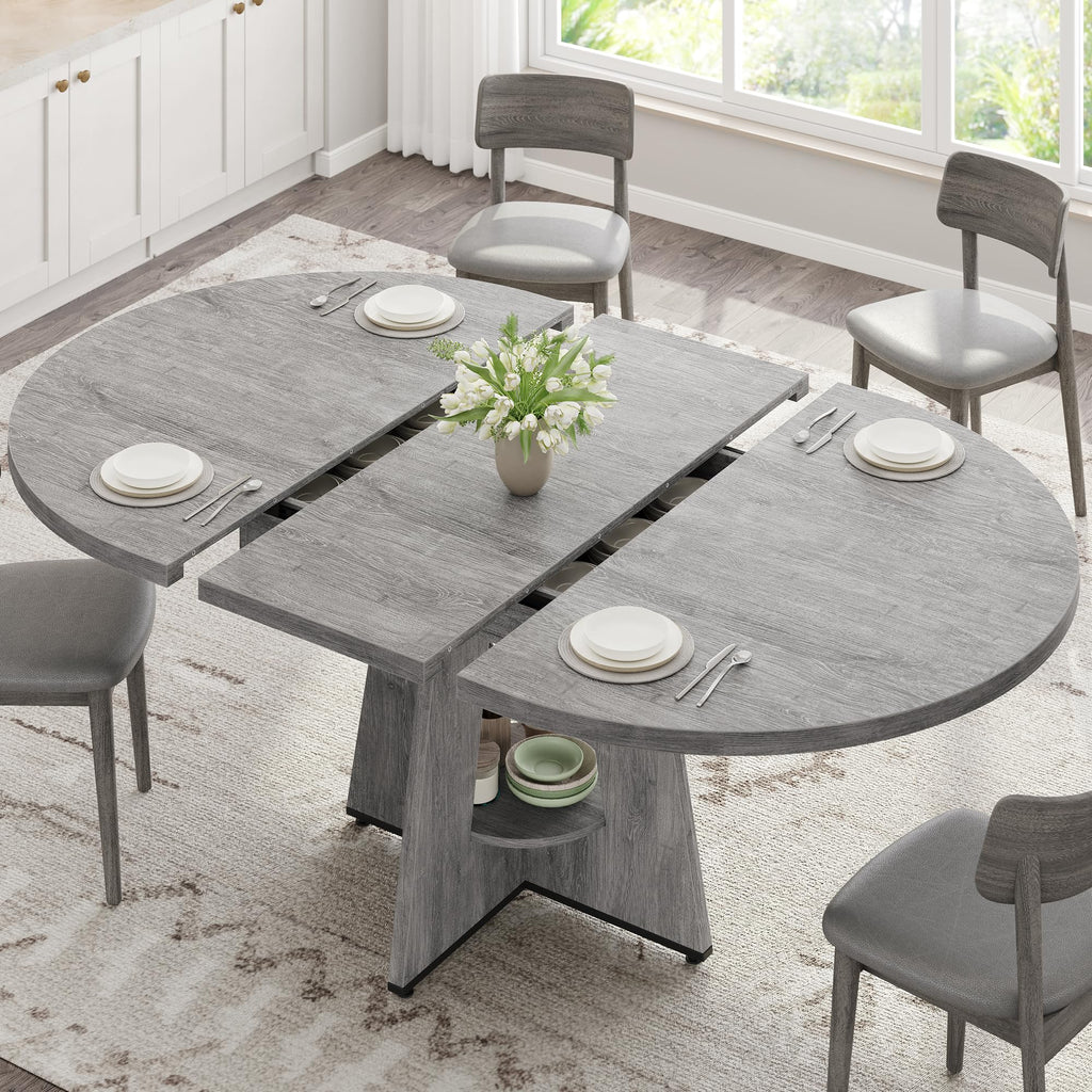 Extendable Dining Table, Round Kitchen Dining Room Dinner Table with for 4 6 8 People, Space Saving Modern Oval Expandale Furniture with Storage and Pedestal for Kitchen Living Room (Brown)