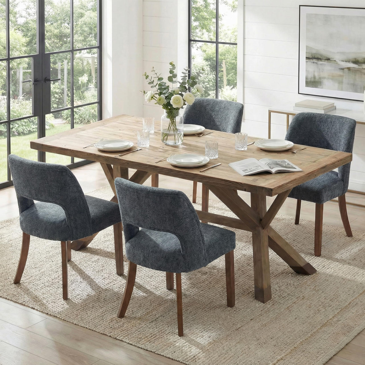 keoni Wooden Dining Chairs Set of 4 with Black Rubberwood Legs and Backrest