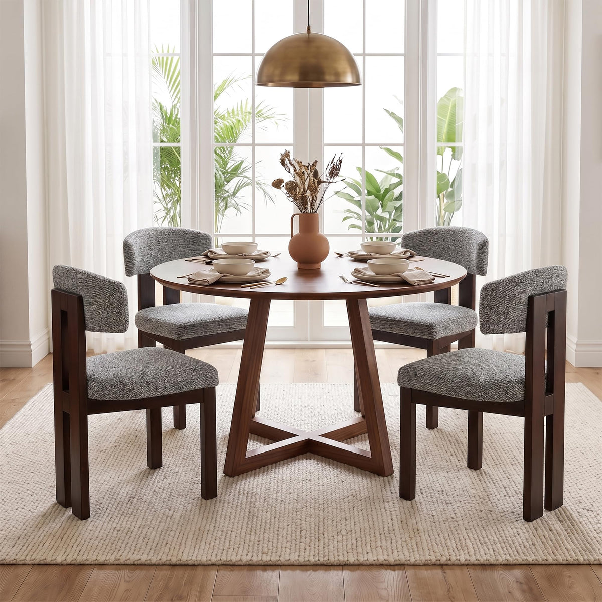 COLAMY Upholstered Dining Chairs Set of 6, Solid Wood Wobble-Free Modern Kitchen Accent Seating for Long Family Dinners, Mid Century Beige Fabric & Walnut Finish,Camel