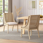Christopher Knight Home Yone Dining Chairs Set of 2, Modern Dining Chair with Fabric Upholstery, Rubberwood Frame Kitchen Chairs with Cane Webbing, Extra Seat for Dining Room, Beige + Brown