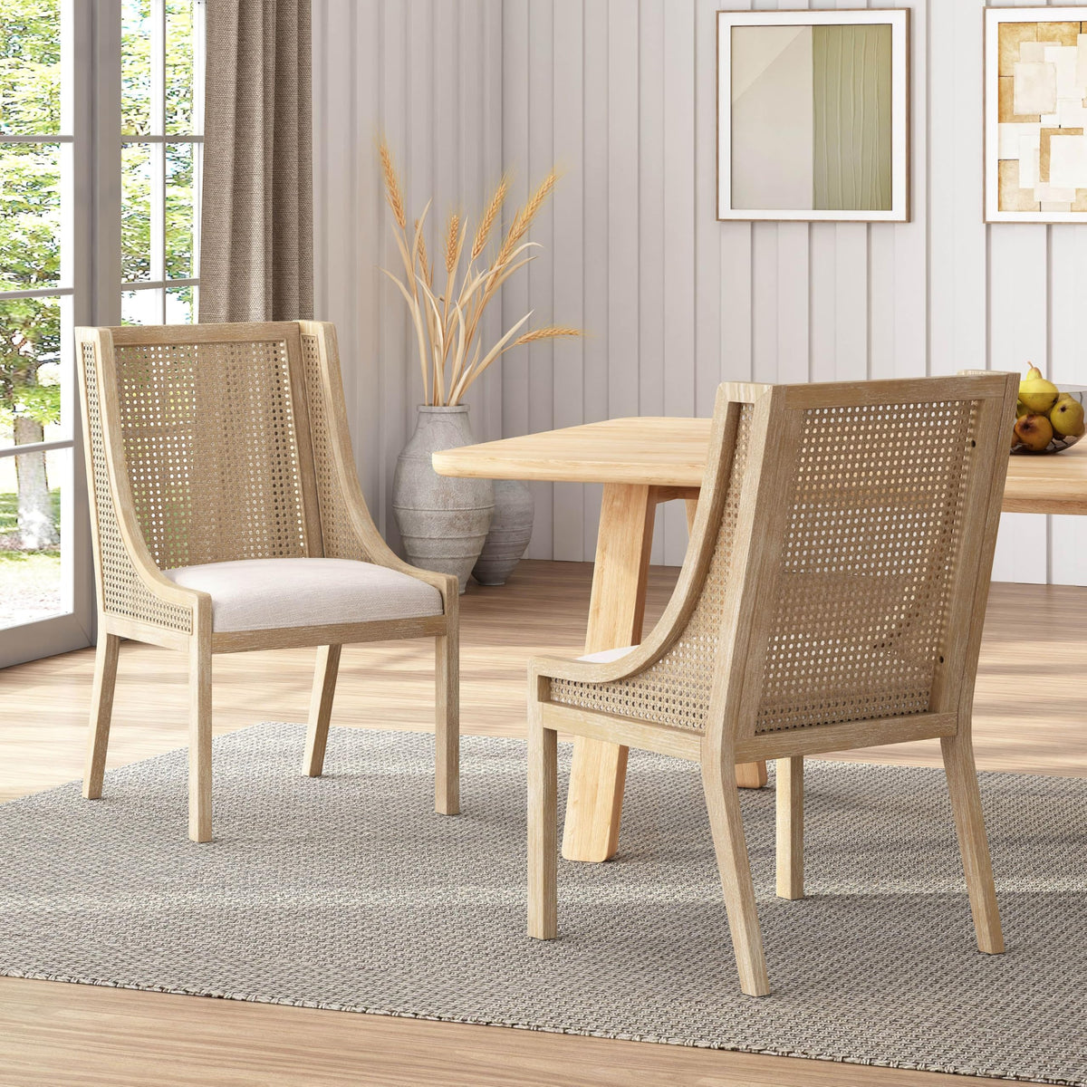 Christopher Knight Home Yone Dining Chairs Set of 2, Modern Dining Chair with Fabric Upholstery, Rubberwood Frame Kitchen Chairs with Cane Webbing, Extra Seat for Dining Room, Beige + Brown