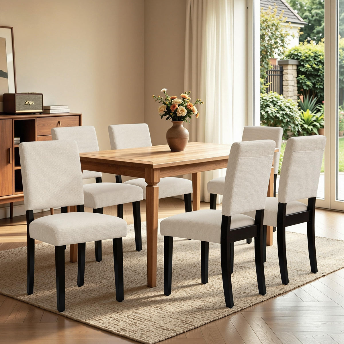 CHUN YI Dining Chairs Set of 4, Upholstered Dining Room Chairs, Modern Farmhouse Parsons Chairs with Solid Wood Legs & Fabric Padded Seat for Kitchen/Living Room/Restaurant, Beige