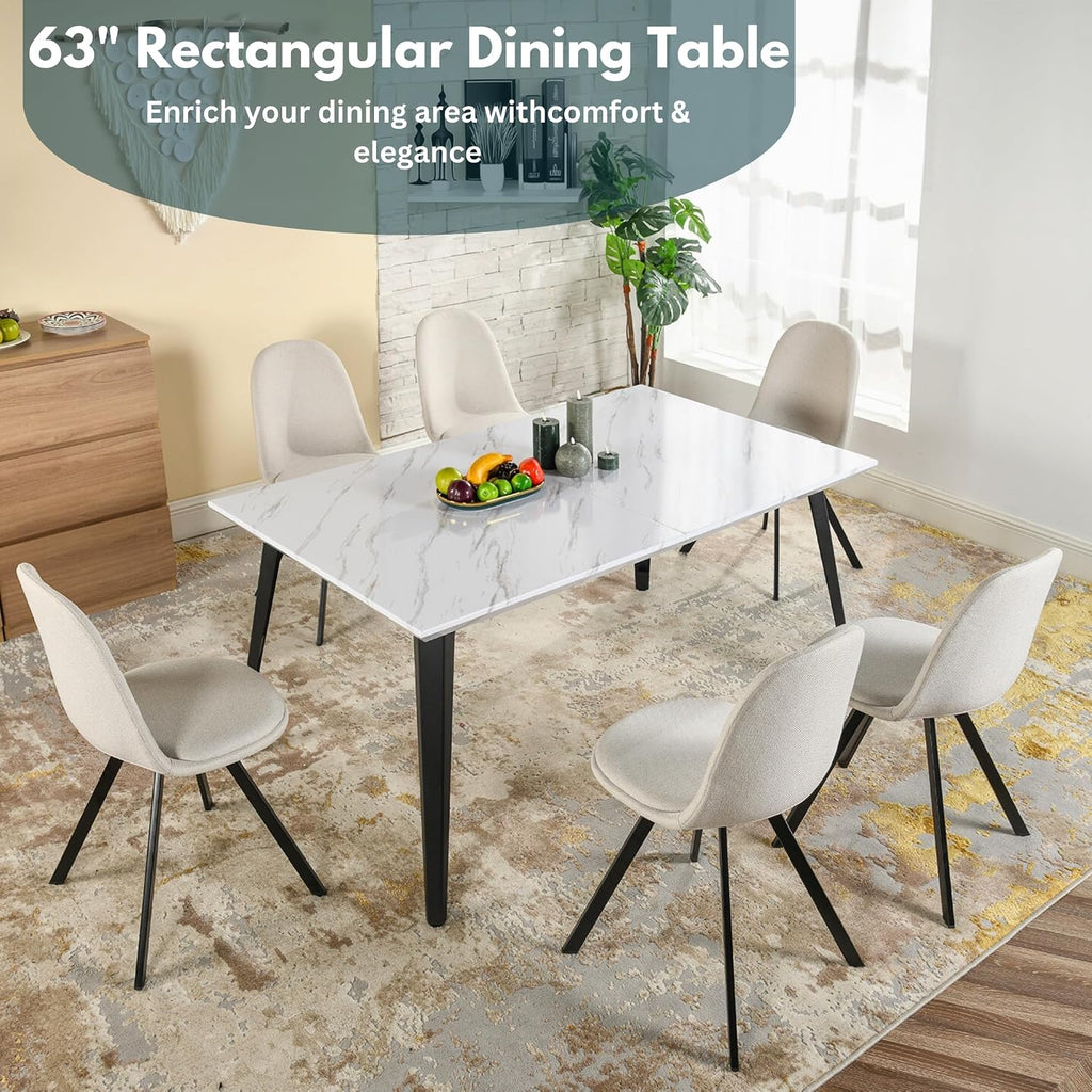 Homy Casa 63-Inch Dining Table Rectangular Kitchen Table for 4-6, Dining Room Table with Wooden Top and Metal Legs, White Marble