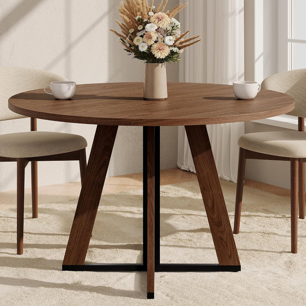 MECHYIN 42 inch Round Dining Table for 4, Farmhouse Kitchen Table, Round Dining Room Table with Metal Legs for Small Spaces & Apartment, Space-Saving Circle Wood Dinner Table, Walnut