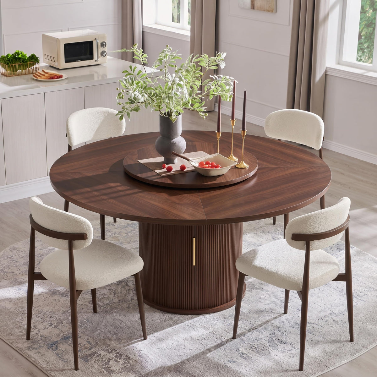 55" Fluted Round Dining Table for 4-6, Mid-Century Modern Kitchen Table with Rotating Tray, 2-Tier Storage Shelf, Wood Sliding Doors and Pedestal Base, Walnut