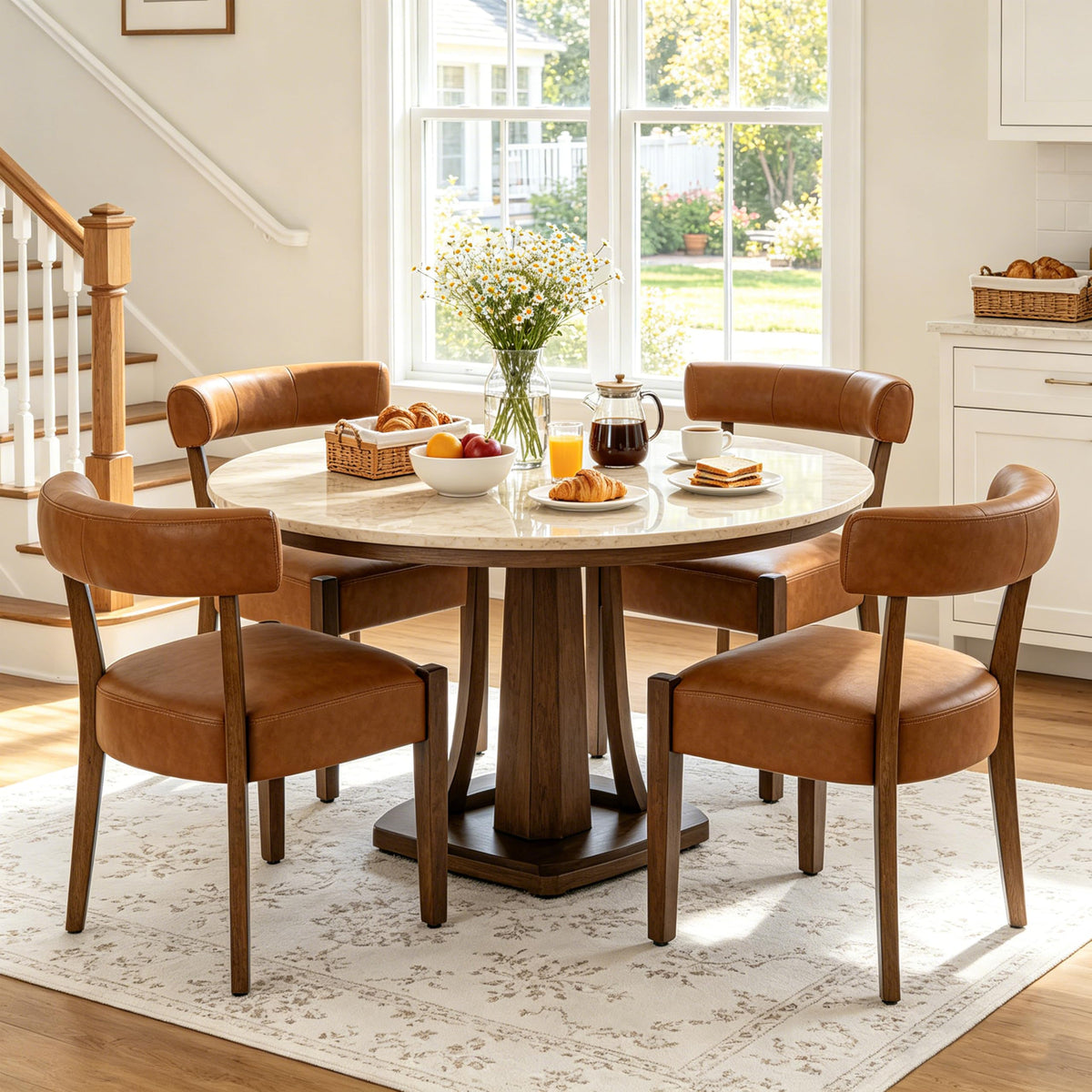 RNKSFX Modern Dining Chairs Set of 4, Faux Leather Upholstered Kitchen & Dining Room Chairs, Mid Century Modern Wooden Dining Chairs Oversized Sturdy Rounded Chairs Curved Back, Beige