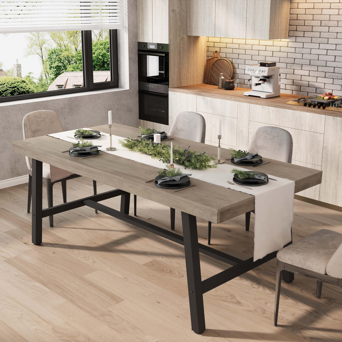 GarveeHome Industrial Dining Table for 6-8 People, 70.87" Long Large Kitchen Table with Sturdy Metal Frame, Rectangular Counter for Dinner, Kitchen, Dining Room (Natural, 71" Non-extendable)