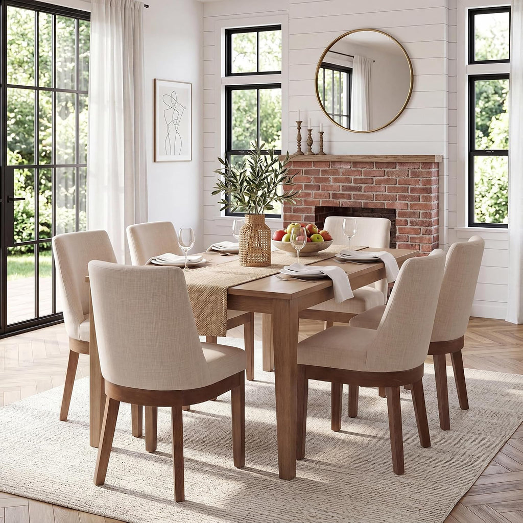 HNY Modern Dining Chairs Set of 6 with Comfortable Back Support, Farmhouse Soft Linen Upholstered Kitchen Dining Room Chairs with Solid Wood Legs, Armless Accent Side Chairs for Living Room, Beige