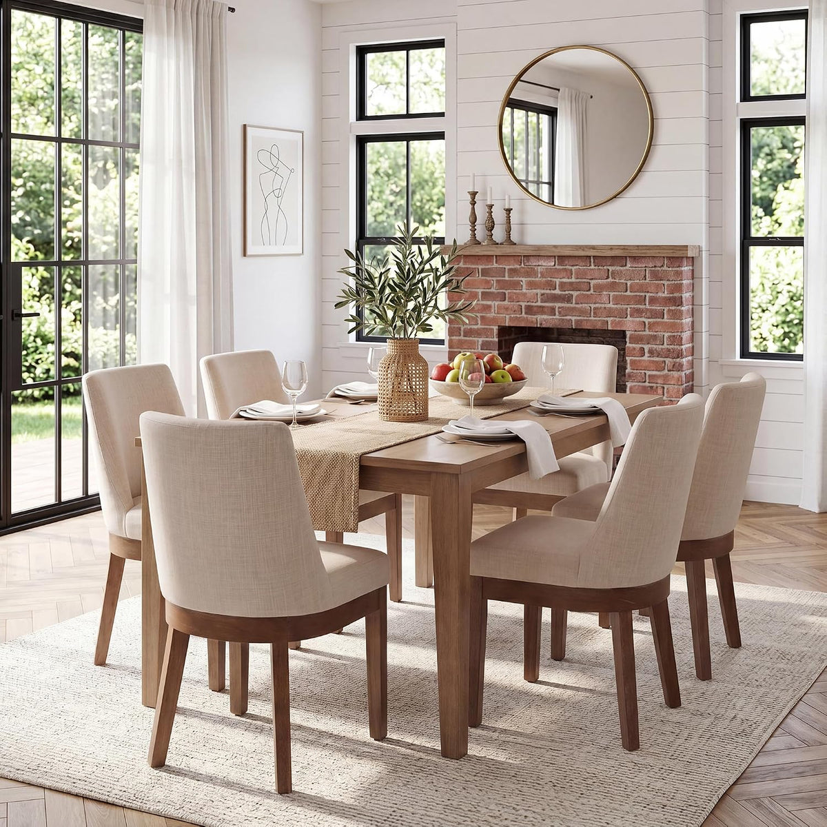 HNY Modern Dining Chairs Set of 6 with Comfortable Back Support, Farmhouse Soft Linen Upholstered Kitchen Dining Room Chairs with Solid Wood Legs, Armless Accent Side Chairs for Living Room, Beige