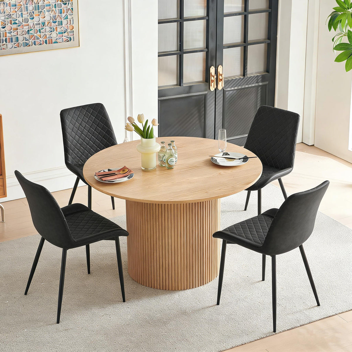 PU Leather Dining Chairs Set of 4, Modern Armless Dining Room Chairs, Comfy Upholstered Kitchen Chairs with Backrest, Black Metal Legs for Living Room, Dinning Room, Beige