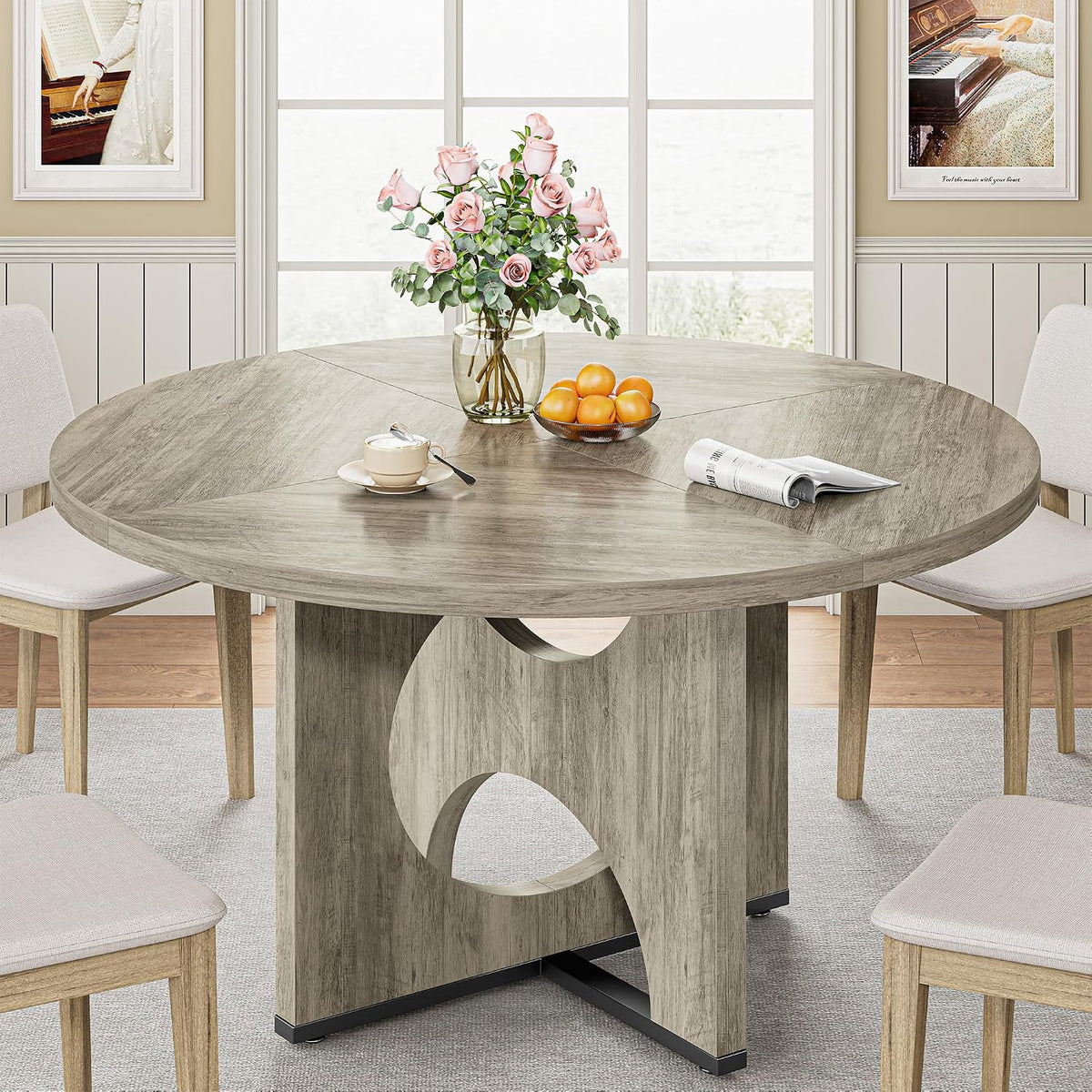 IRONCK 47" Round Dining Table for 4 with Pedestal Base, Gray