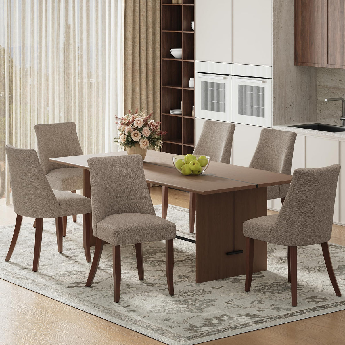 COLAMY Upholstered Dining Chairs Set of 6, Mid Century Modern Kitchen Chairs with Back, Farmhouse Fabric Side Dining Room Chairs with Wood Legs for Dining Room Restaurant, Brown