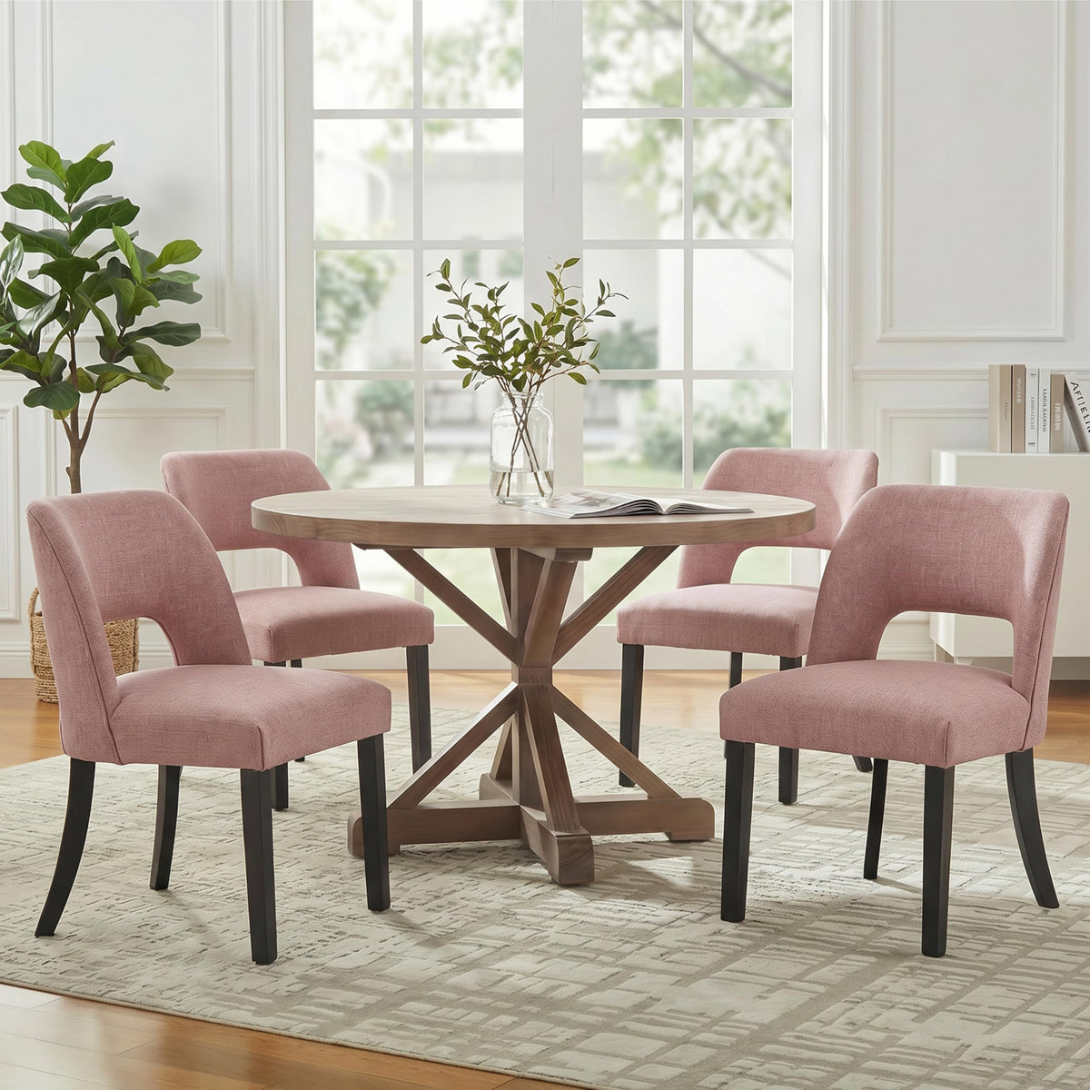 keoni Wooden Dining Chairs Set of 4 with Black Rubberwood Legs and Backrest