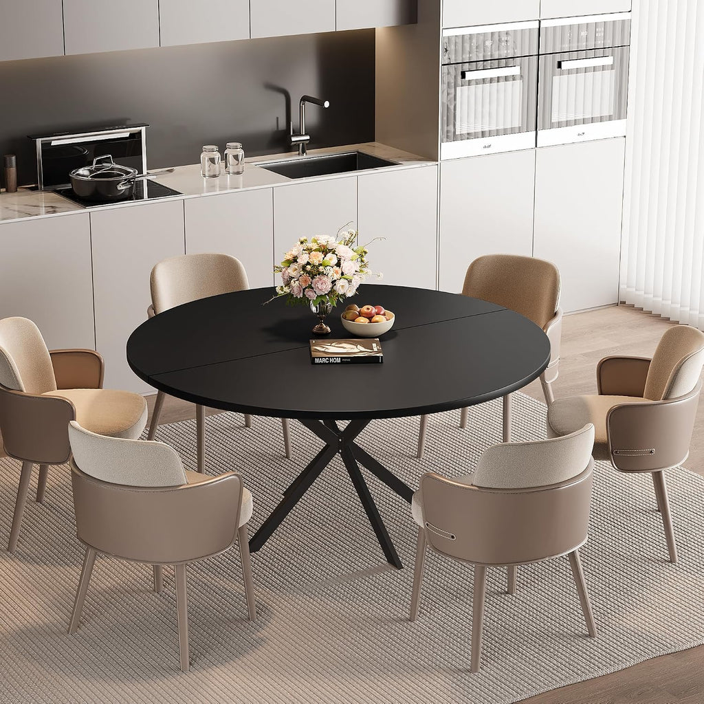 47.24" Round Dining Table for 4-6 Person, Round Kitchen Table with Wood Top, Circle Dinner Pedestal Tables with Metal Legs for Dining Room Kitchen (Black)