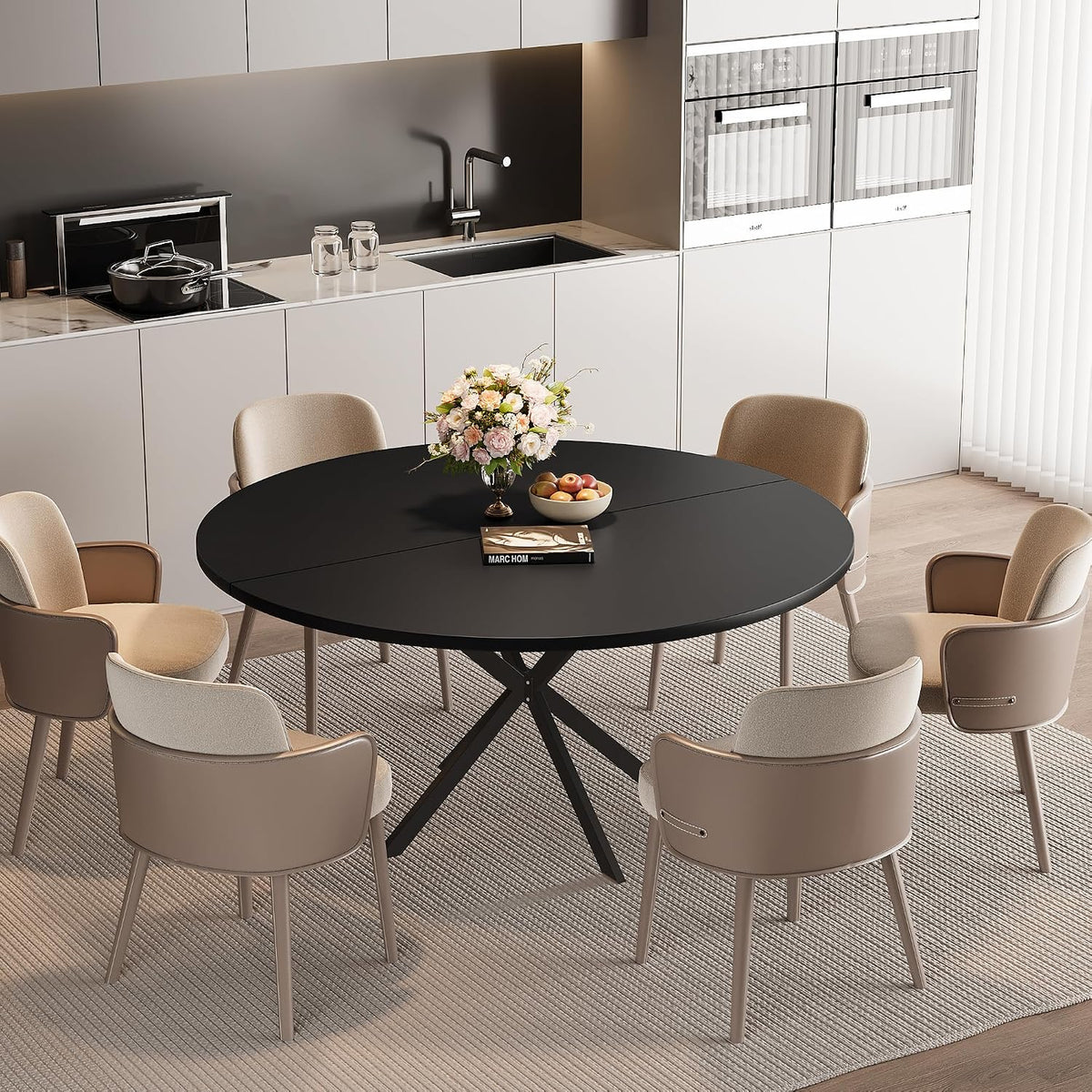 47.24" Round Dining Table for 4-6 Person, Round Kitchen Table with Wood Top, Circle Dinner Pedestal Tables with Metal Legs for Dining Room Kitchen (Black)