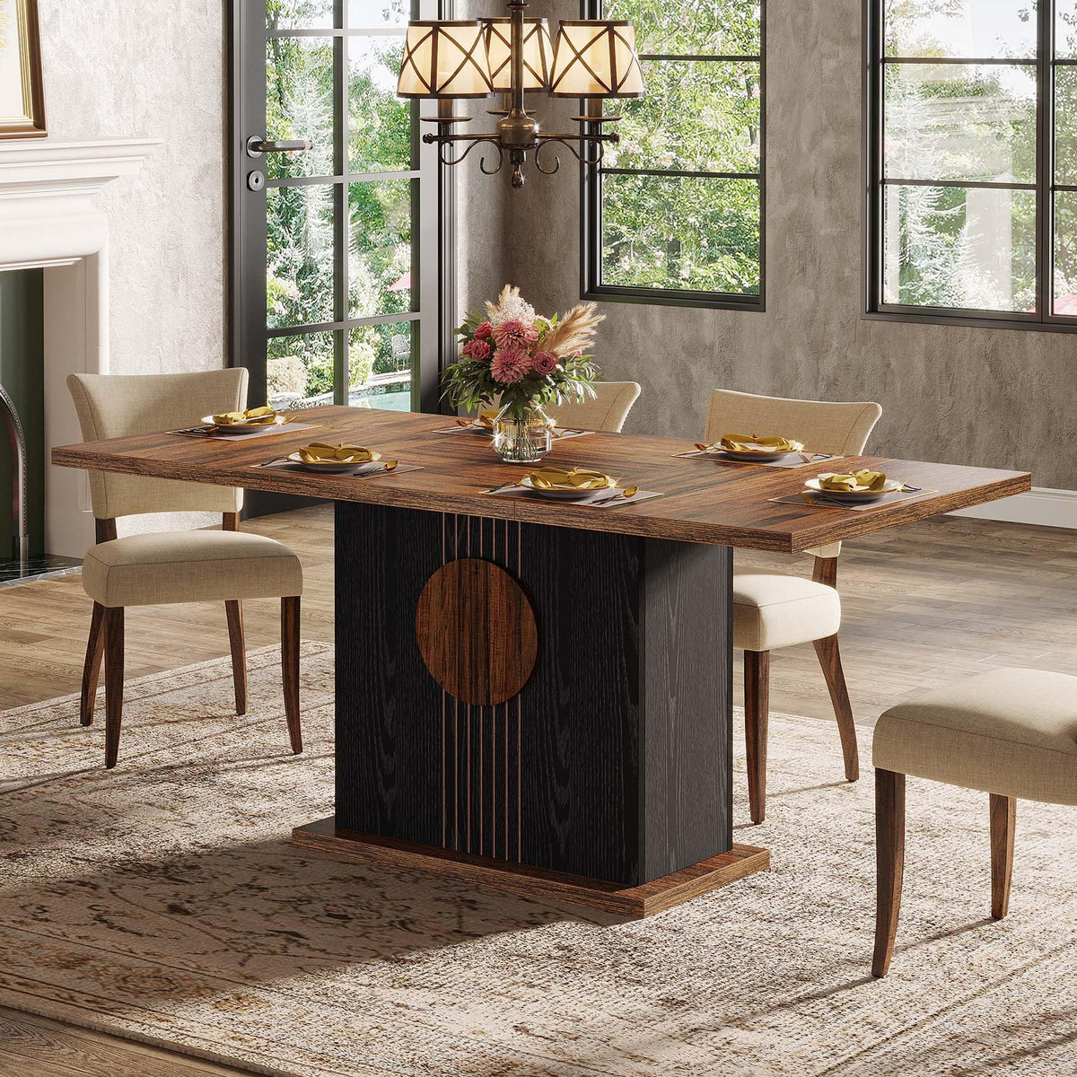 Tribesigns 55" Rectangular Dining Table for 4 to 6 People, Farmhouse Wood Dinner Table for Kitchen, Dining Room & Living Room, Oak Brown & White