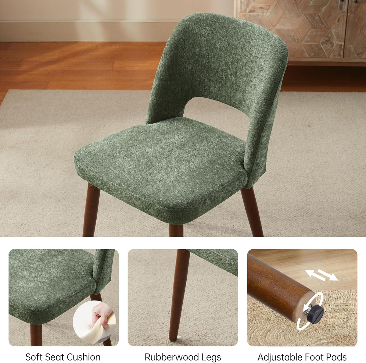 Usaint Wooden Dining Chairs Set of 4, Fabric Dining Room Chairs, Green