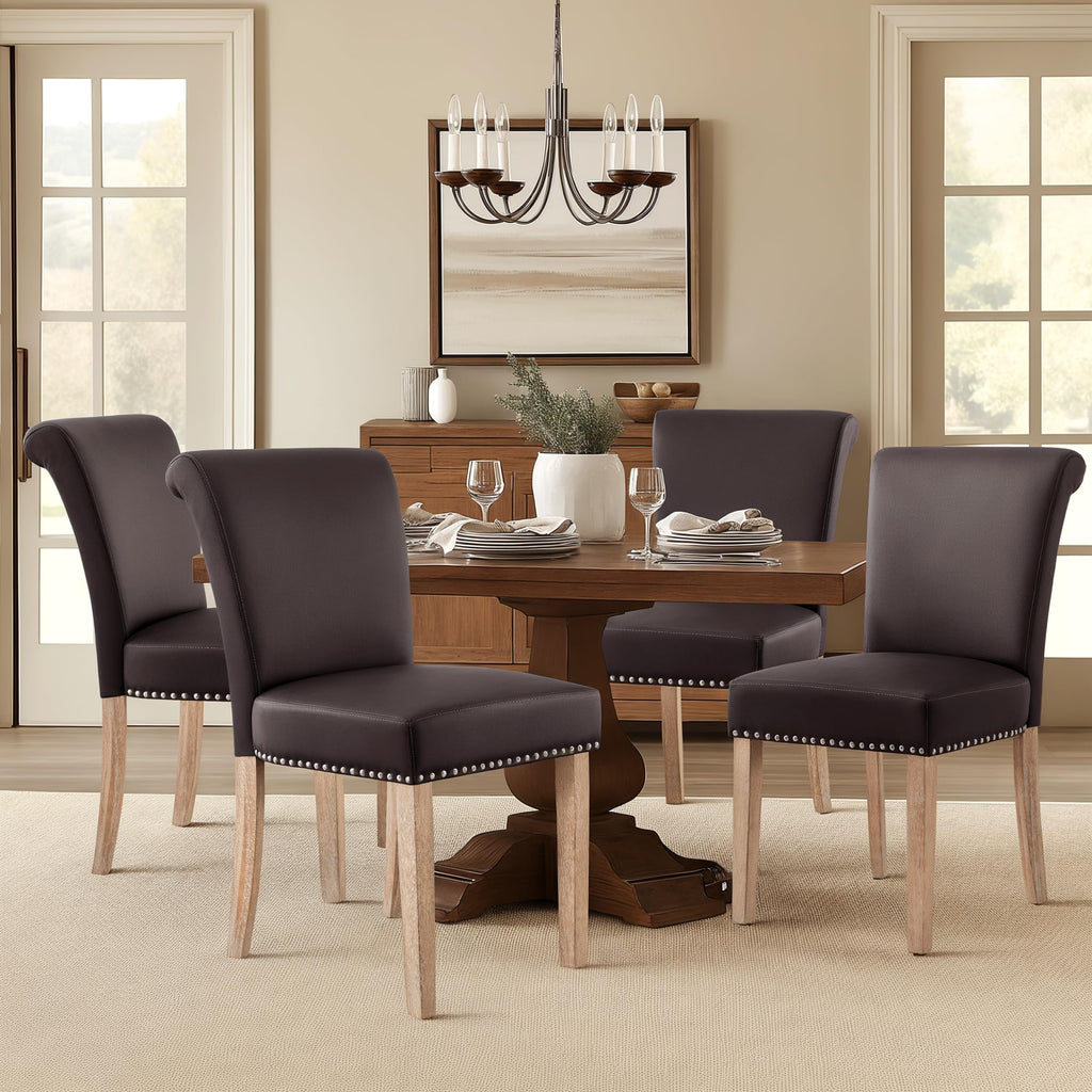 CHUN YI Dining Chairs Set of 4, Faux Leather Dining Room Chairs, Upholstered Modern Kitchen Parsons Chairs for Dining Room with Sturdy Wood Legs, Black (Only Chair)