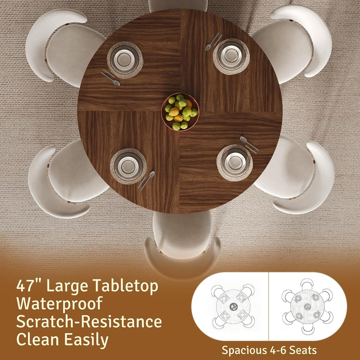 47 inch Round Dining Table for 4-6, Dinner Table with 2-Layer Storage Shelf, Morden Circle Kitchen Table with Wooden Strip Base and Wood Slide Door for Home Dining Room, Living Room, Walnut