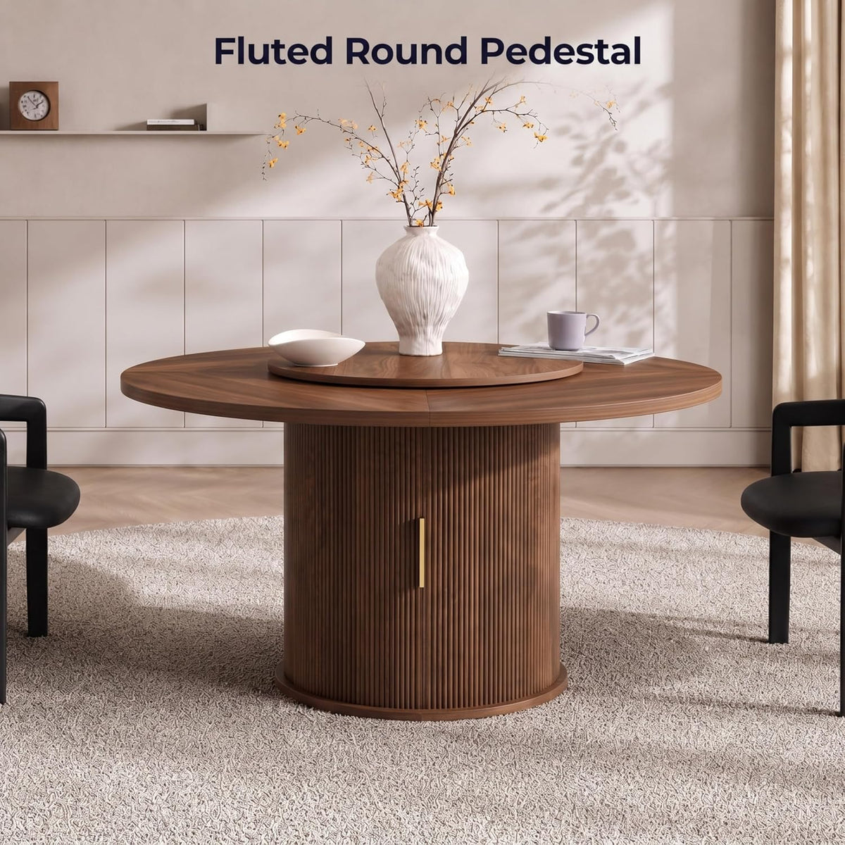 55" Fluted Round Dining Table for 4-6, Mid-Century Modern Kitchen Table with Rotating Tray, 2-Tier Storage Shelf, Wood Sliding Doors and Pedestal Base, Walnut