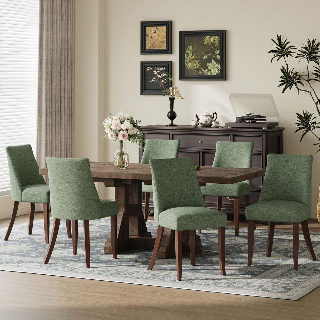 COLAMY Upholstered Dining Chairs Set of 6, Mid Century Modern Kitchen Chairs with Back, Farmhouse Fabric Side Dining Room Chairs with Wood Legs for Dining Room Restaurant, Brown