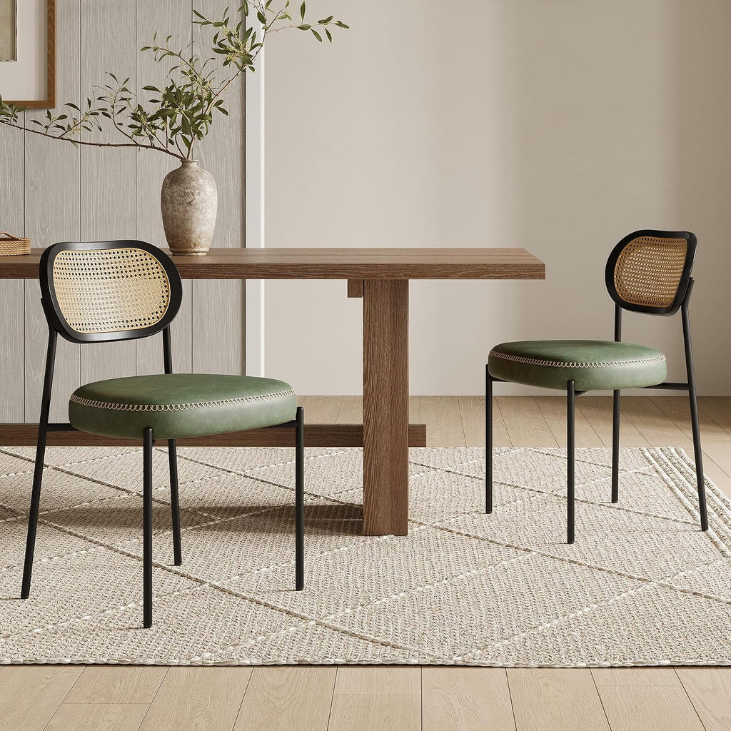 Rattan Dining Chairs Set of 2, Green Leather Upholstered Dining Chairs with Rattan Cane Back, Mid Century Modern Dining Room Chairs with Black Metal Legs & D-Shaped Thicken Cushion, Green