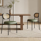 Rattan Dining Chairs Set of 2, Green Leather Upholstered Dining Chairs with Rattan Cane Back, Mid Century Modern Dining Room Chairs with Black Metal Legs & D-Shaped Thicken Cushion, Green