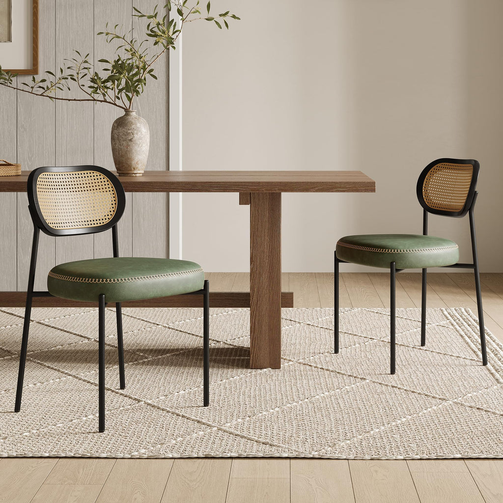 Rattan Dining Chairs Set of 2, Green Leather Upholstered Dining Chairs with Rattan Cane Back, Mid Century Modern Dining Room Chairs with Black Metal Legs & D-Shaped Thicken Cushion, Green