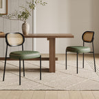 Rattan Dining Chairs Set of 2, Green Leather Upholstered Dining Chairs with Rattan Cane Back, Mid Century Modern Dining Room Chairs with Black Metal Legs & D-Shaped Thicken Cushion, Green