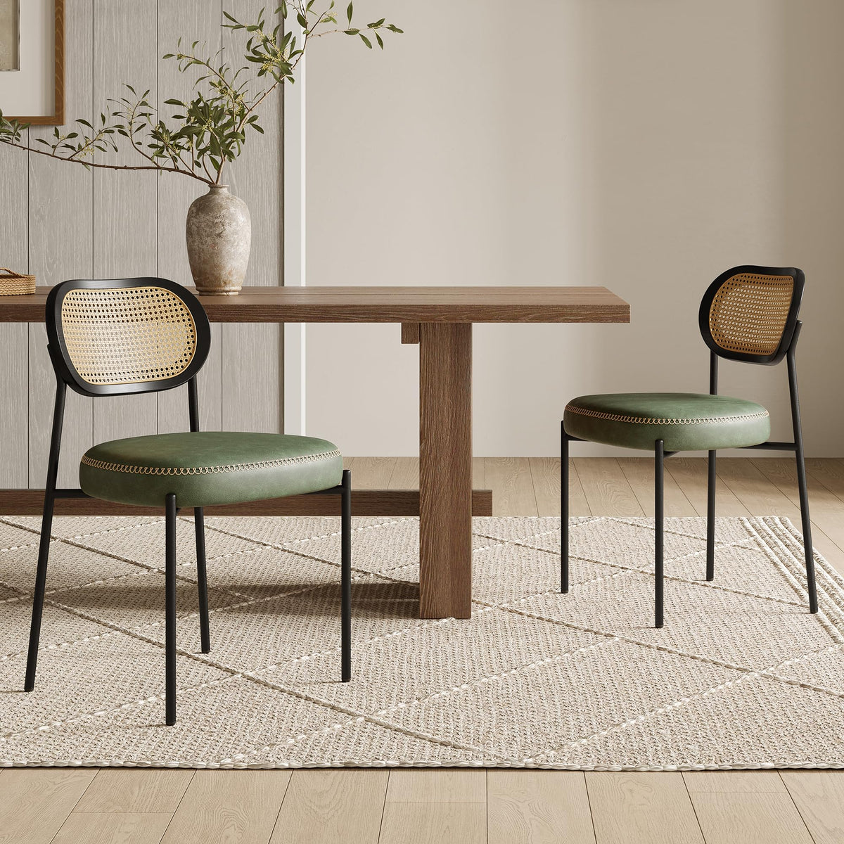 Rattan Dining Chairs Set of 2, Green Leather Upholstered Dining Chairs with Rattan Cane Back, Mid Century Modern Dining Room Chairs with Black Metal Legs & D-Shaped Thicken Cushion, Green